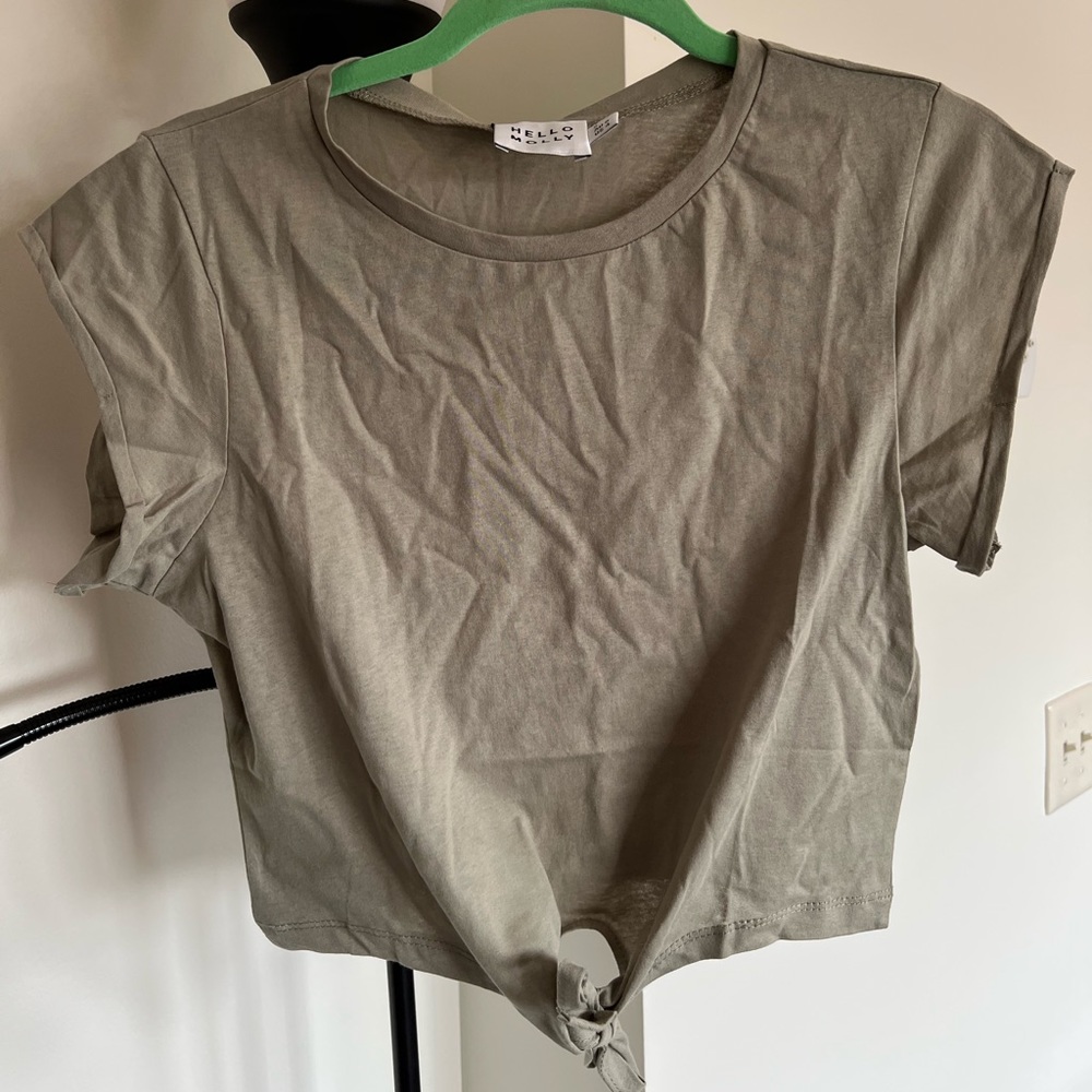 Olive Green Crop Tee with Tie Front